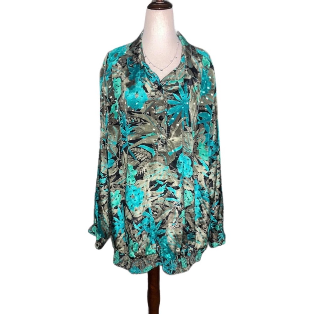 Alfredo ~ 2X-Large ~ Vintage ~ Metallic Thread ~ Floral ~ Green/Brown ~ Blouse